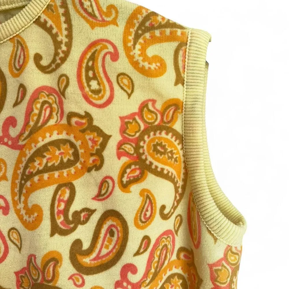 Vintage 1970s Yellow orange Paisley Knit Sweater Vest size S